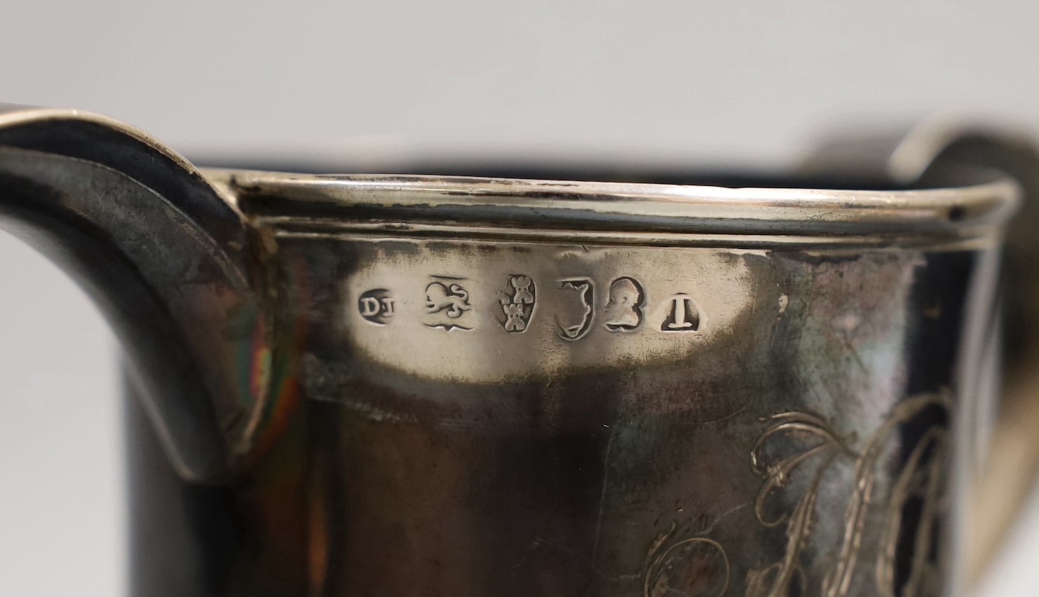 A George III provincial silver two handled pedestal cup by Dorothy Langlands, Newcastle, 1809, with later engraved initials and date, height 14.5cm, 11.9oz.